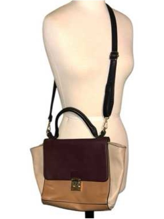 Handbags - Three-Tone Structured Crossbody Satchel - Black Handle, Burgundy Flap, Tan Body